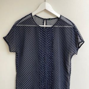Benetton Navy And White Polka Dot Sheer Top. Size S.